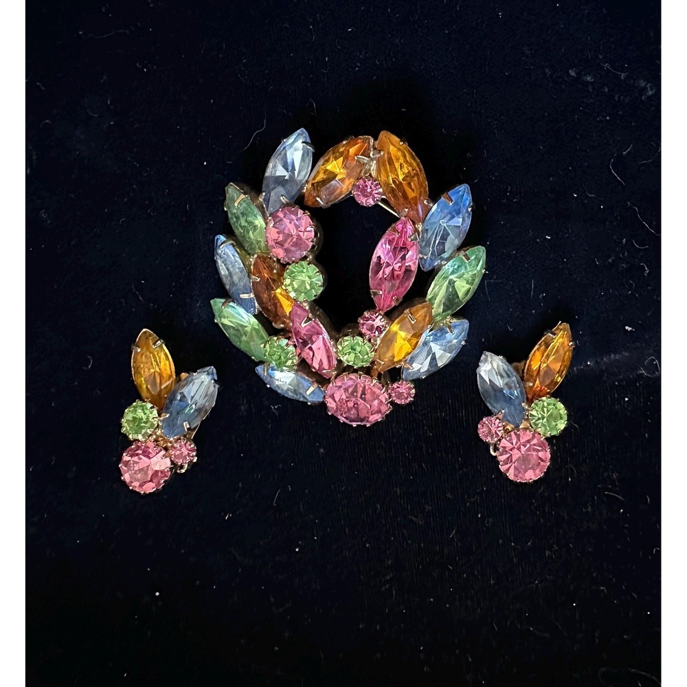Vintage Pastel Color Rhinestone Pin & Earrings Set Pink Blue Green